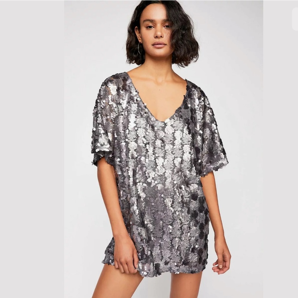 Free People Sequin T-Shirt Gray Mini Dress NEW XXS